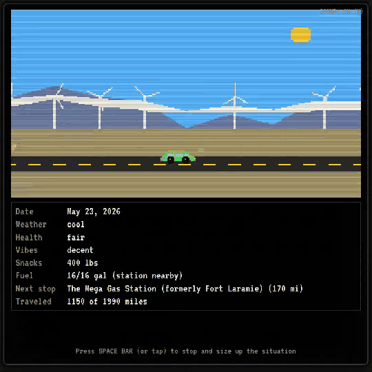 Animated: Jordan dies of exhaustion, the player types the epitaph 'Should have taken the Airbnb.' and a tombstone appears beside the road.