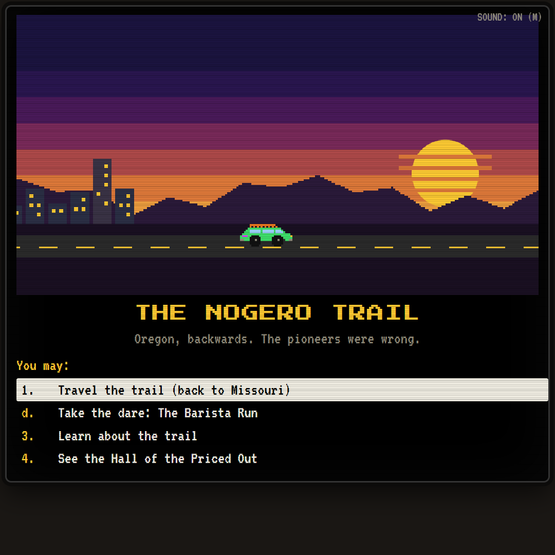 Title screen: a green Subaru drives toward a sunrise, Portland's skyline behind it, under THE NOGERO TRAIL.
