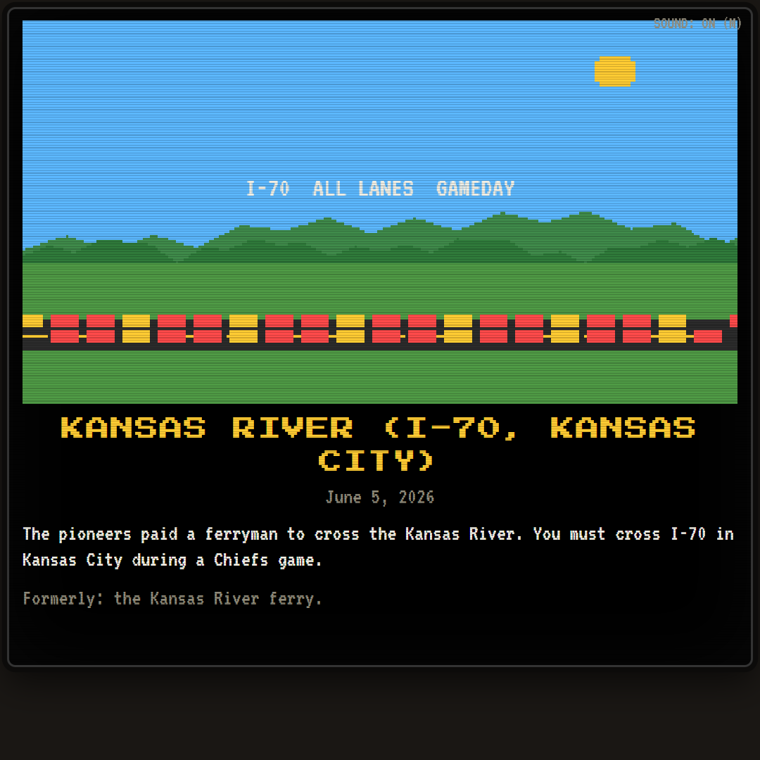 Kansas River crossing: a sign reads I-70 ALL LANES GAMEDAY above bumper-to-bumper red and gold cars.